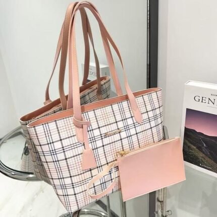 Check Tote Bag with Purse - Pink