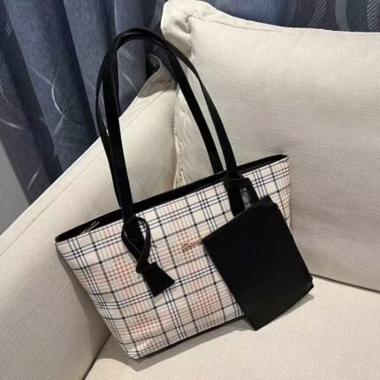 2 in 1 Checkers Tote Bag with Purse - Black